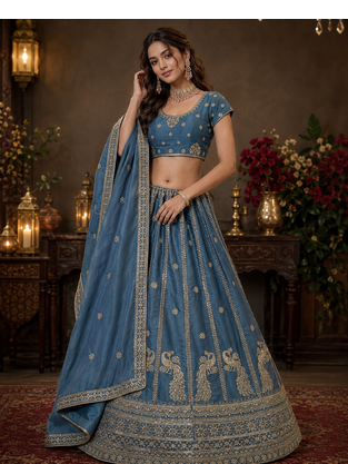 teal color Sequins and Zari Embroidery and Thread work silk blend Lehenga Choli set 1