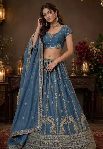 teal color Sequins and Zari Embroidery and Thread work silk blend Lehenga Choli set