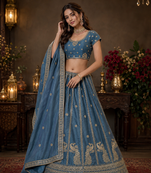 teal color Sequins and Zari Embroidery and Thread work silk blend Lehenga Choli set