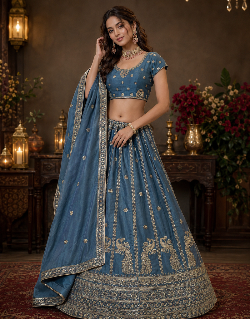 teal color Sequins and Zari Embroidery and Thread work silk blend Lehenga Choli set