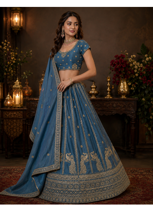 teal color Sequins and Zari Embroidery and Thread work silk blend Lehenga Choli set 2