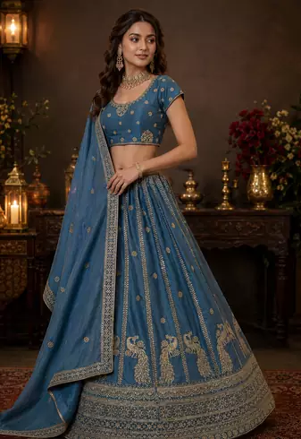 teal color Sequins and Zari Embroidery and Thread work silk blend Lehenga Choli set