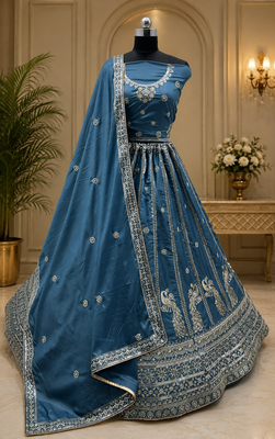teal color Sequins and Zari Embroidery and Thread work silk blend Lehenga Choli set 3