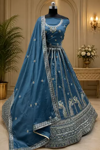 teal color Sequins and Zari Embroidery and Thread work silk blend Lehenga Choli set