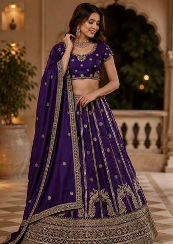 violet color Sequins and Zari Embroidery and Thread work silk blend Lehenga Choli set