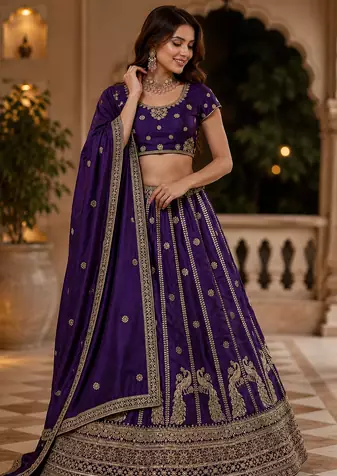 violet color Sequins and Zari Embroidery and Thread work silk blend Lehenga Choli set
