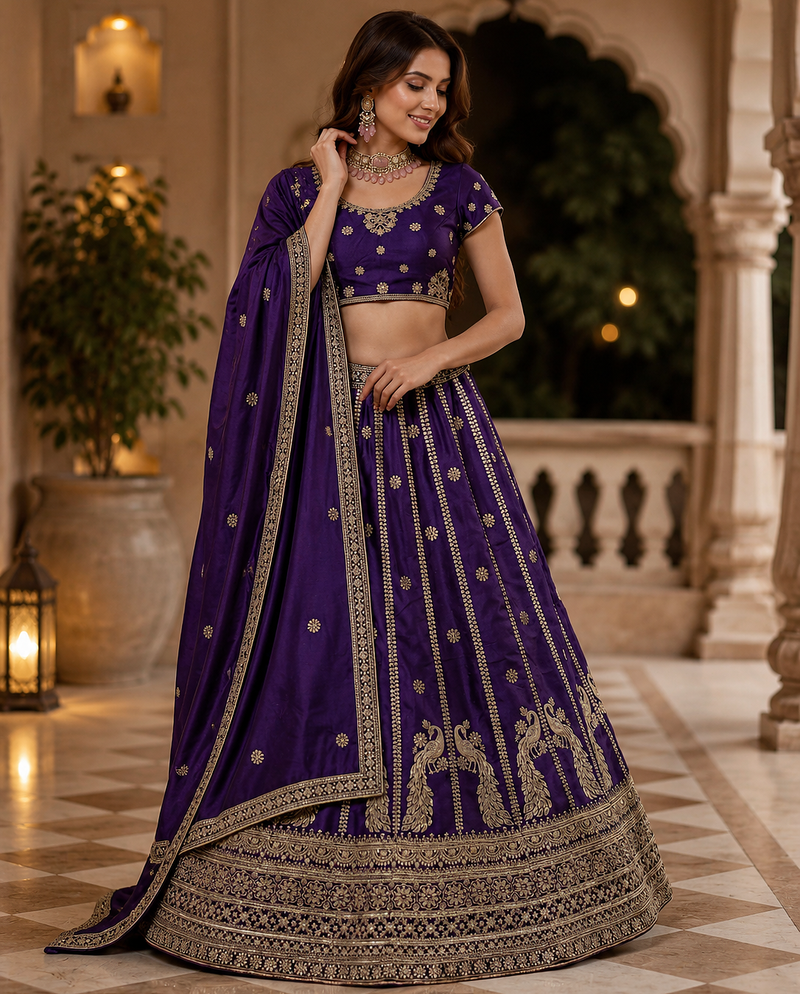 violet color Sequins and Zari Embroidery and Thread work silk blend Lehenga Choli set