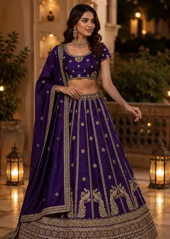 violet color Sequins and Zari Embroidery and Thread work silk blend Lehenga Choli set