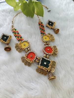  handcrafted multicolour fabric kundan & coin statement necklace set 1