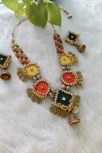  handcrafted multicolour fabric kundan & coin statement necklace set