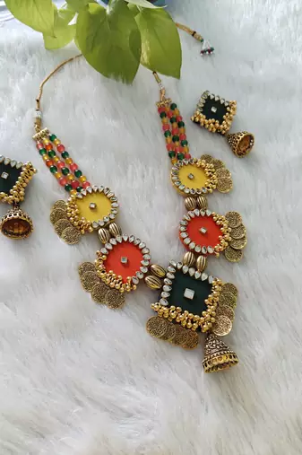  handcrafted multicolour fabric kundan & coin statement necklace set