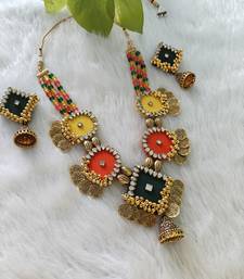 handcrafted multicolour fabric kundan & coin statement necklace set
