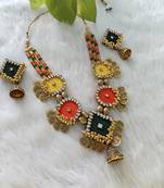  handcrafted multicolour fabric kundan & coin statement necklace set