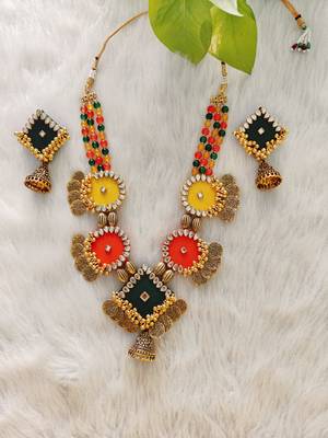  handcrafted multicolour fabric kundan & coin statement necklace set 2