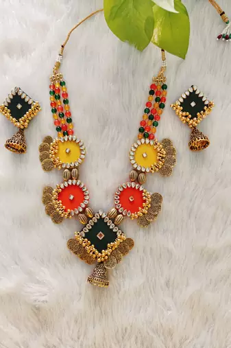  handcrafted multicolour fabric kundan & coin statement necklace set