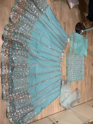 skyblue mirror embroidered net lehenga choli with silk blouse set 4