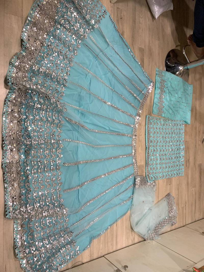 skyblue mirror embroidered net lehenga choli with silk blouse set