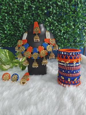  handcrafted royal blue & orange fabric elephant jhumka & bangle combo set 1