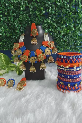  handcrafted royal blue & orange fabric elephant jhumka & bangle combo set