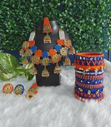  handcrafted royal blue & orange fabric elephant jhumka & bangle combo set