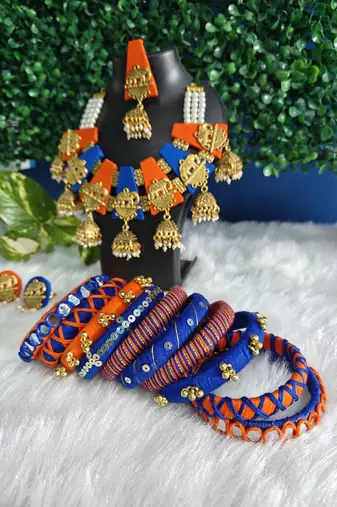  handcrafted royal blue & orange fabric elephant jhumka & bangle combo set
