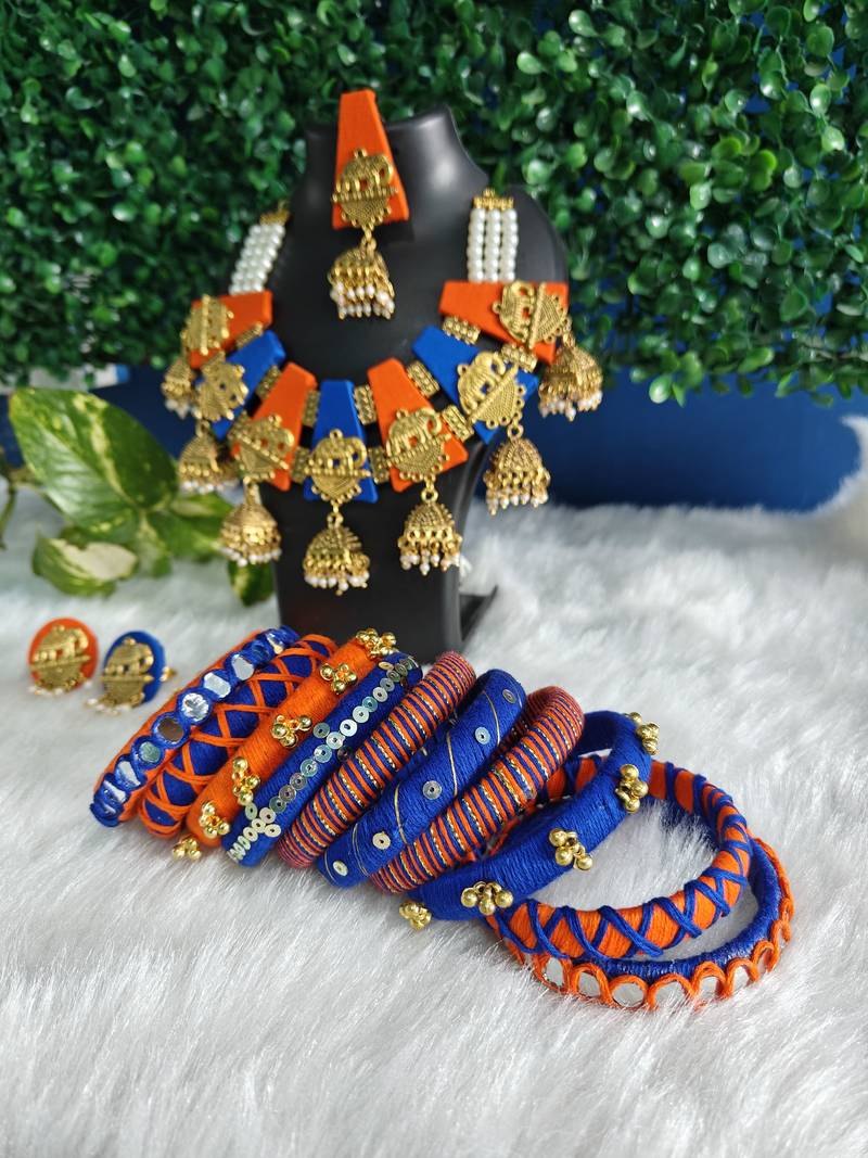  handcrafted royal blue & orange fabric elephant jhumka & bangle combo set