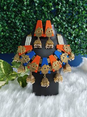  handcrafted royal blue & orange fabric elephant jhumka & bangle combo set 3