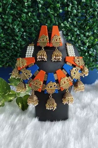  handcrafted royal blue & orange fabric elephant jhumka & bangle combo set