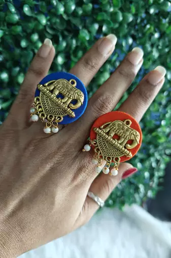  handcrafted royal blue & orange fabric elephant jhumka & bangle combo set