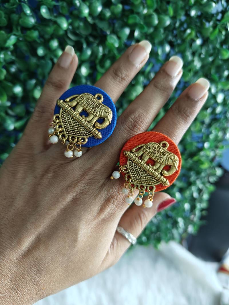  handcrafted royal blue & orange fabric elephant jhumka & bangle combo set