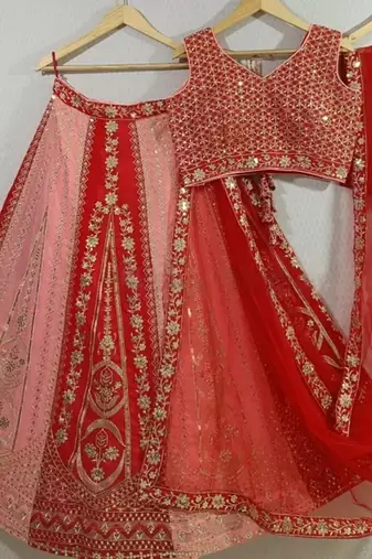 pink red velvet zari embroidered bridal lehenga set