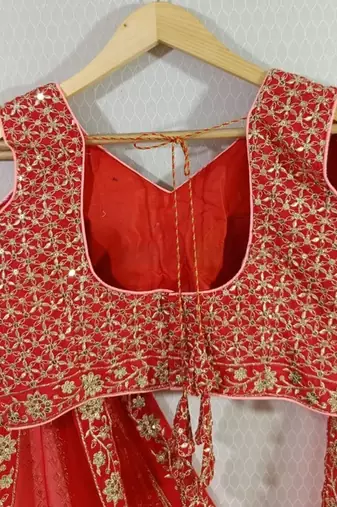 pink red velvet zari embroidered bridal lehenga set