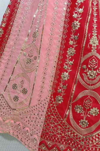 pink red velvet zari embroidered bridal lehenga set