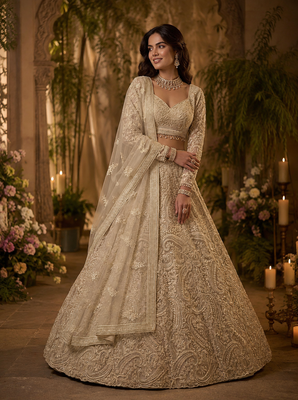 off white color embellished seed pearls Shimmering Sequins net Lehenga Choli set 1