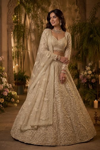 off white color embellished seed pearls Shimmering Sequins net Lehenga Choli set