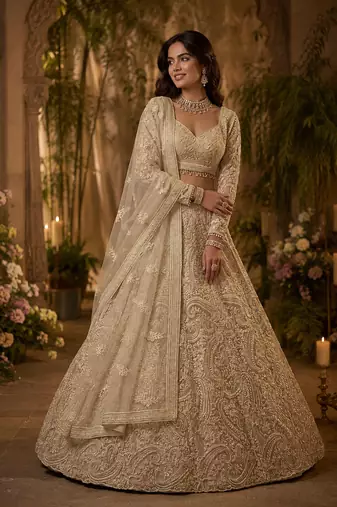 off white color embellished seed pearls Shimmering Sequins net Lehenga Choli set