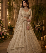 off white color embellished seed pearls Shimmering Sequins net Lehenga Choli set