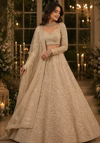off white color embellished seed pearls Shimmering Sequins net Lehenga Choli set