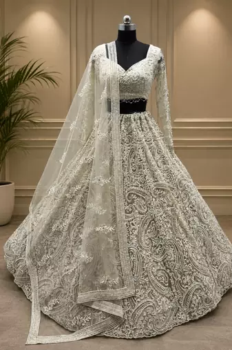 off white color embellished seed pearls Shimmering Sequins net Lehenga Choli set