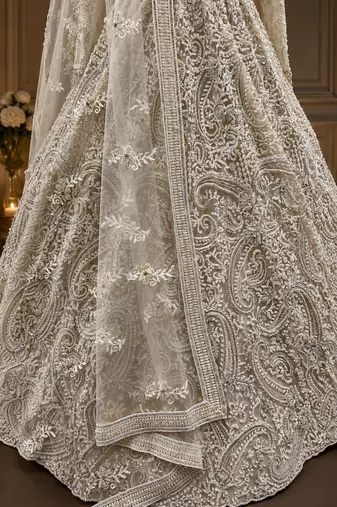 off white color embellished seed pearls Shimmering Sequins net Lehenga Choli set