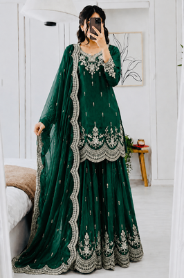 dark green color codding embroidery sequins work satin kurti sharara set 1