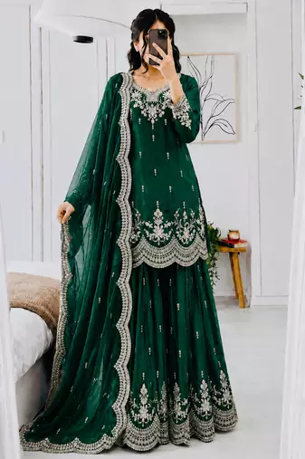dark green color codding embroidery sequins work satin kurti sharara set