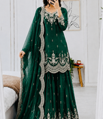 dark green color codding embroidery sequins work satin kurti sharara set