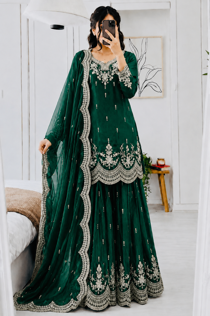 dark green color codding embroidery sequins work satin kurti sharara set