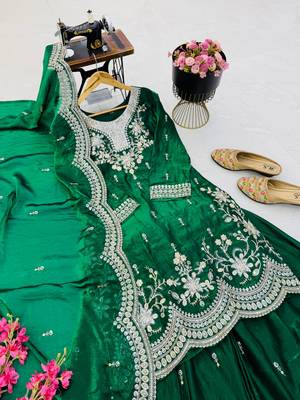 dark green color codding embroidery sequins work satin kurti sharara set 2