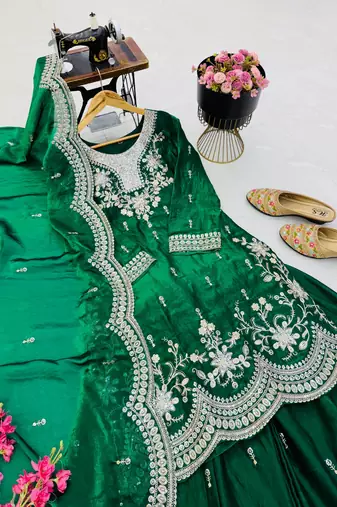 dark green color codding embroidery sequins work satin kurti sharara set