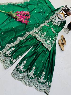 dark green color codding embroidery sequins work satin kurti sharara set 3