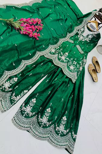 dark green color codding embroidery sequins work satin kurti sharara set