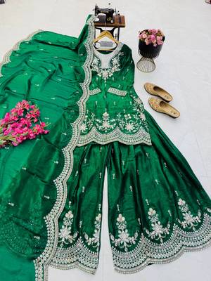 dark green color codding embroidery sequins work satin kurti sharara set 4