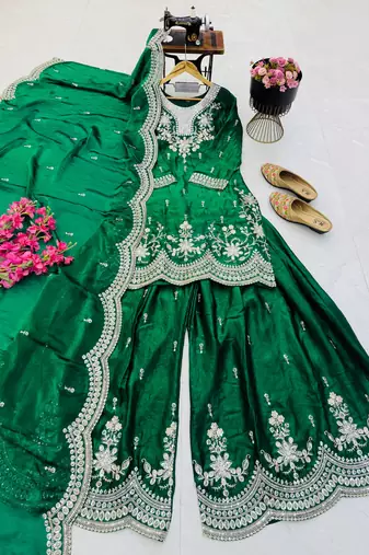 dark green color codding embroidery sequins work satin kurti sharara set